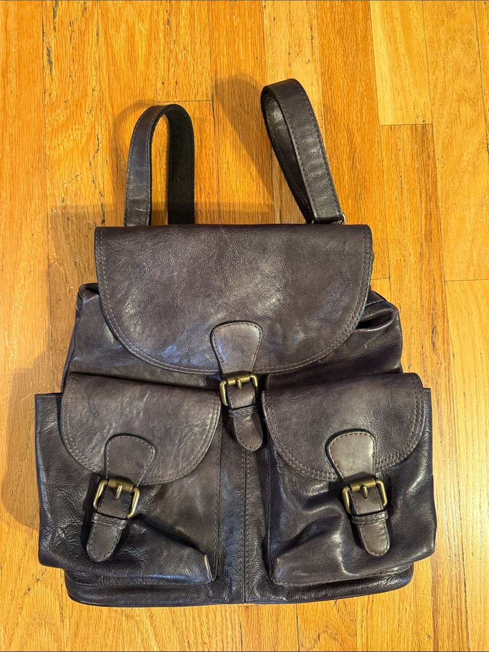 Fossil Leather Backpack with Front Buckle Pockets